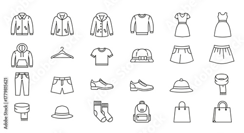 Collection of fashion and apparel line icons, including jacket, winter coat, sweatshirt, dress, hoody, jeans, shorts, t-shirt, sneakers, socks, hats, scarves, bags, and a hanger, presented as a clean