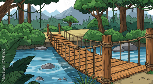 Vivid cartoon illustration of a rustic wooden suspension bridge spanning a clear blue stream in a lush green jungle, with dense foliage, tropical trees, and distant mountains creating a serene and