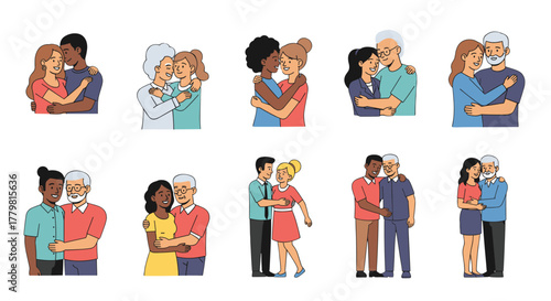 Set of diverse hugging couples, including homosexual and heterosexual lovers, young and elderly people, embracing and cuddling in romantic relationships, symbolizing love, affection, and togetherness