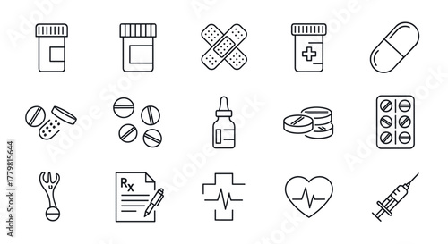 A comprehensive collection of pharmacy and medical icons, featuring essential elements like medicine bottles, pills, capsules, bandages, a dropper, prescription forms, a heart rate monitor, a