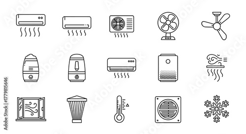 Set of air conditioning and climate control vector line icons, including air cooling units, fans, humidifiers, thermometers, ventilation systems, and snowflake symbols, presented on a black