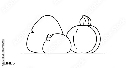 A minimalist line art illustration depicts a collection of plump, ripe fruits, including what appears to be a peach and possibly an apple or plum, arranged together on a simple horizontal line