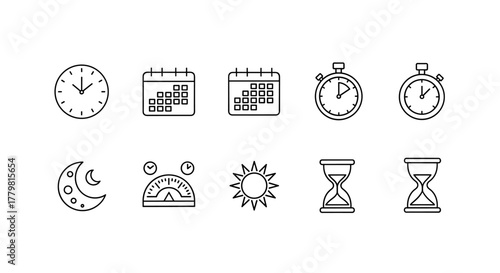 A collection of clean, minimalist line icons representing various time-related concepts, including analog clocks, calendars, stopwatches, a crescent moon, a sun, a gauge, and hourglasses, all