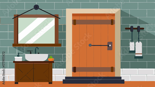 A bathroom with a barn door leading to a walk subway tile walls and a wooden vanity with a metal sink.