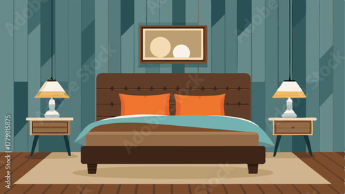 A bedroom with a wooden accent wall and a cozy upholstered headboard combining rustic and modern design elements.