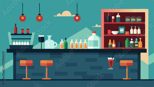 A bar area with a marble countertop stocked with topshelf liquors and mixing tools.