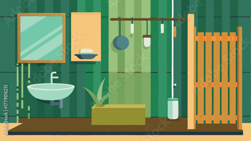 A bathroom with a recycled glass sink bamboo flooring and a shower made from repurposed rainwater.