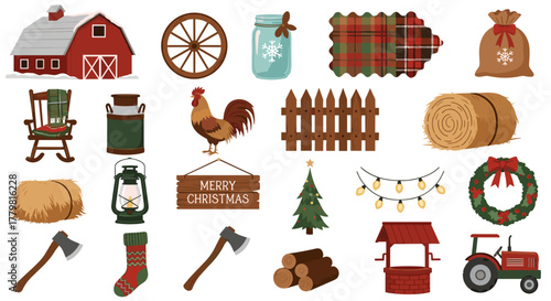 Farmhouse christmas vector graphics set with barn tractor rooster and christmas tree holiday design elements
