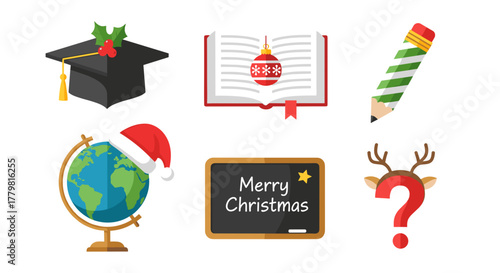 Education and holiday themed icons for school learning and festive celebrations vector illustration set design
