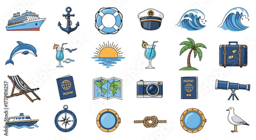 Explore vacation travel summer holiday cruise ship beach destination adventure nautical icons vector set design