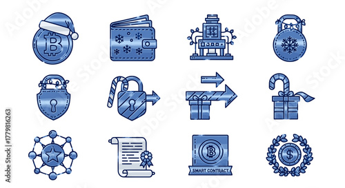 Crypto currency holiday season icons digital assets and blockchain technology for christmas and new year