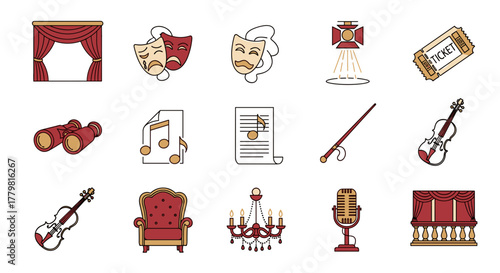 Explore the world of performing arts a visual journey through theater and musical instruments icons