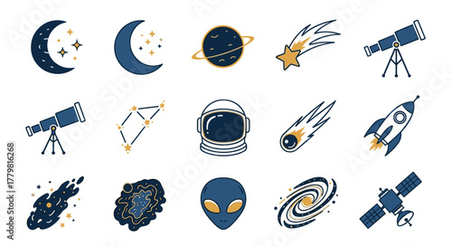 Explore the cosmos with astronomy and space themed icons for your designs and creative projects here now today