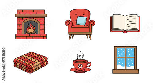 Cozy winter scene with fireplace chair book blanket coffee and snowy window for relaxation and comfort