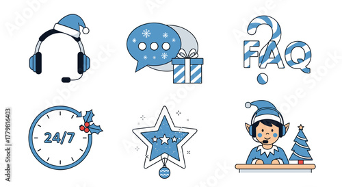 Holiday customer service support vector set with elf help desk faq and christmas gift assistance available