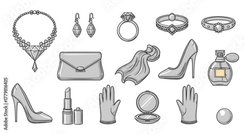 Luxury accessories collection vector illustration jewelry rings perfume handbag gloves and shoes design element