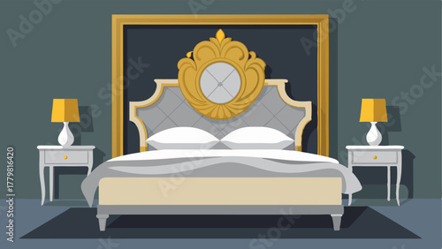 A bedroom with a minimalist platform bed in white topped with a sumptuous grey velvet duvet and a large ornate goldframed artwork on the wall.