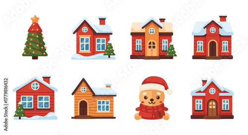 Winter village scene with christmas tree houses and cute animal holiday season vector illustration design