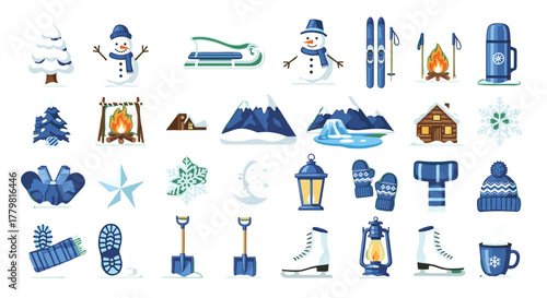 Winter season vector illustration set with snowman ski and mountain for christmas holiday and vacation