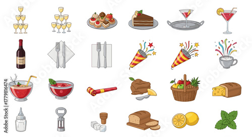 Celebration party food and drink vector icons for event catering and festive holiday design projects