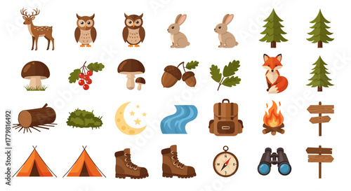 Camping adventure icons set vector illustration for outdoor nature travel and hiking design elements