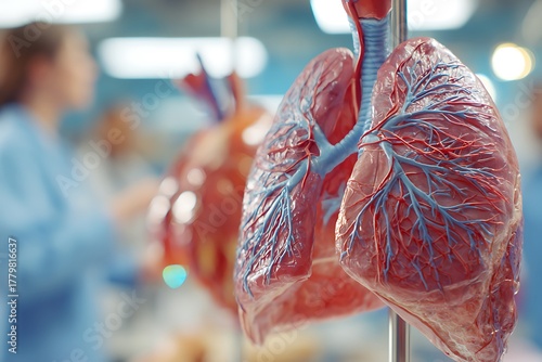 Close-up of a detailed human lung model in a bright clinical classroom, symbolizing respiratory disease, anatomy education, and pulmonary medical research.