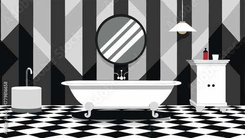 A bathroom with a freestanding clawfoot bathtub and a black and white tiled floor. A geometric black and white wallpaper covers the walls and a sleek round mirror hangs above the