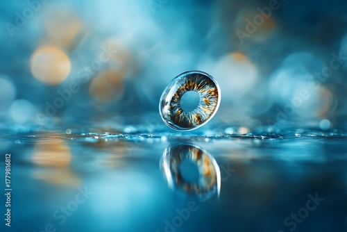 A contact lens floating above a wet, reflective surface with blue bokeh lights, symbolizing vision correction, clarity, and treatment for ocular surface disease.