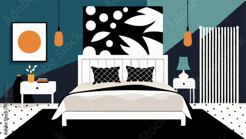 A bedroom with a white bed frame black and white patterned bedding and a large black and white abstract painting on the wall.