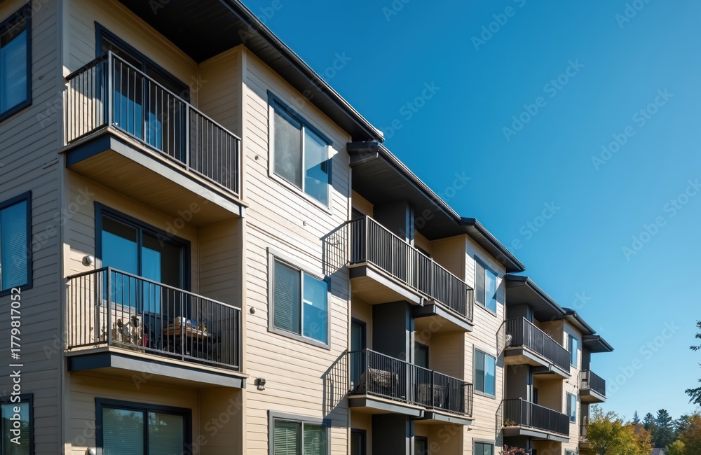 Fototapeta premium Modern apartment building exterior with balconies under clear blue sky. Residential complex facade with windows, siding. New multifamily house for sale rent. Contemporary condo complex represents