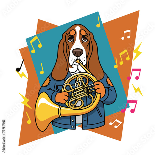 Basset hound playing french horn cartoon illustration