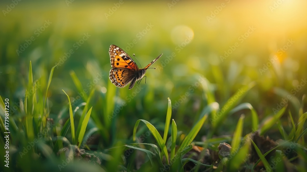 Obraz premium A butterfly flying over the green grass in a sunny field
