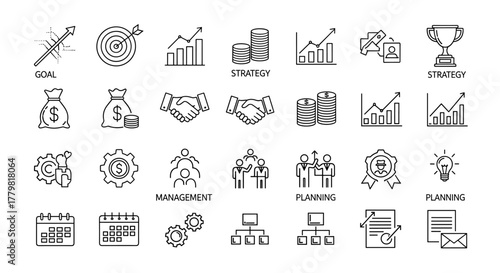 Business strategy line icon set, featuring goal achievement, financial strategy, management, and planning elements. This collection of outline vector icons in a linear style includes pictograms for