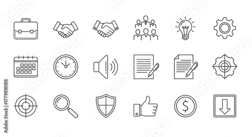 A comprehensive set of thin line web icons representing various business concepts, including human resources, office management, finance, strategy, and communication, presented in a clean and modern