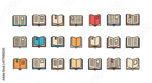 Collection of filled color icons of opened books, minimalistic linear pictograms for web and graphic design, apps, banners, social networks, and cards. This versatile set features various book