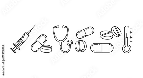 Collection of outline medical symbols including a syringe, stethoscope, various pills and capsules, and a thermometer, all hand-drawn with thin lines, perfect for apps, websites, banners, and