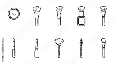 Collection of cosmetic brush outline line icons for graphic and web design, apps, adverts, various cards, vector cartoon illustration with a white background. Includes powder brush, fan brush