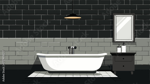 A bathroom with black subway tiles covering the walls and floor contrasted by a white freestanding tub and vanity.
