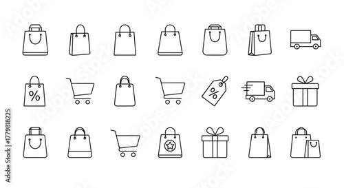 Collection of Shopping Bags Related Line Icons: Outline Signs for Graphic and Web Design, Apps, Advertisements, Various Cards, Vector Cartoon Illustration with Delivery Trucks, Shopping Carts, Gift