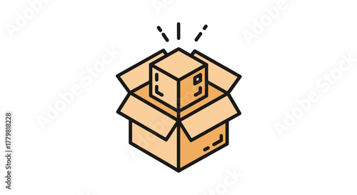 A simple, clean, and modern vector illustration of a cube inside an open cardboard box, symbolizing delivery, shipping, or a new product reveal. The graphic features bold black outlines and a warm