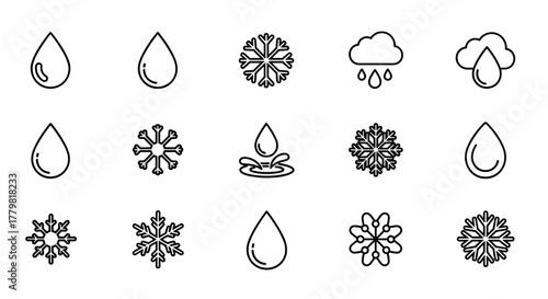Collection of outline icons representing weather elements: water drops, snowflakes, and rain clouds, perfect for graphic design, web applications, and advertising. This set includes various stylized