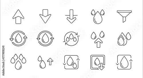 Set of minimalistic outline icons representing water drops, arrows indicating direction and flow, and a funnel, symbolizing water management, purification, and circulation. Ideal for web design, app