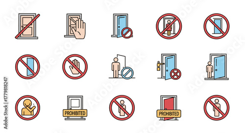 Collection of stylized vector cartoon illustrations depicting various door-related prohibition signs, including closed doors with diagonal lines, hands stopping entry, and figures entering restricted