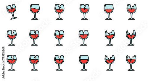 Set of isolated vector cartoon illustrations of broken wine glasses filled with red liquid, presented on a clean white background, symbolizing concepts of damage, fragility, and loss in a visually