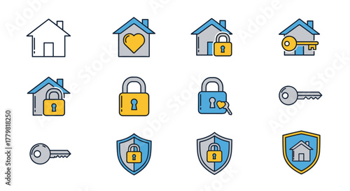 Collection of stylized vector icons representing home security, including houses with locks, keys, and shields, presented in a clean, cartoonish style with a white background, perfect for digital and