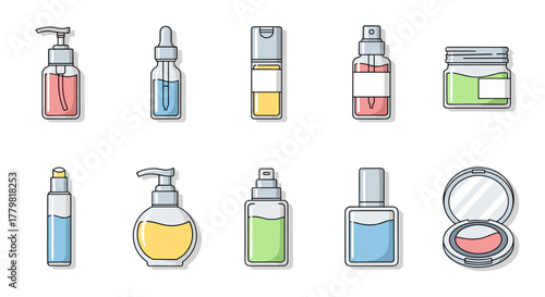 Set of isolated cosmetic bottles and containers for beauty products, including serum droppers, spray bottles, lotion pumps, and compact powder, presented in a clean, modern vector cartoon
