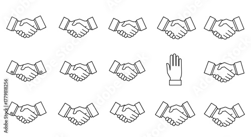 Collection of outline handshake icons and a single hand icon, representing agreement, partnership, and business deals. This editable stroke vector graphic is perfect for infographics, articles