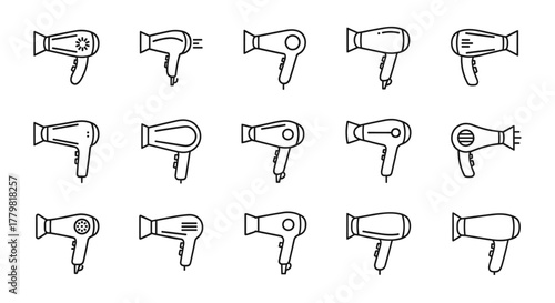Collection of 15 diverse line art icons representing hair dryers, showcasing various designs and styles, perfect for web, print, and digital applications, presented on a clean white background for