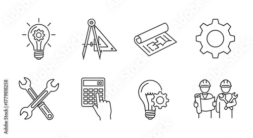 Set of engineering and construction line icons, including a lightbulb with a gear inside representing ideas and innovation, drafting tools like compass and triangle, a rolled blueprint, a cogwheel