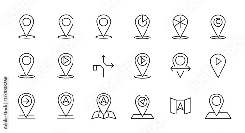Minimalistic linear map pin icon pack, featuring a variety of navigation and location markers. This collection includes standard pins, pins with directional arrows, play buttons, and map symbols
